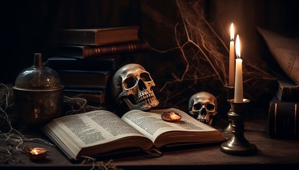 Antique Bible on old table, candle flickers generated by AI - Agrandir l'image, fenêtre modale