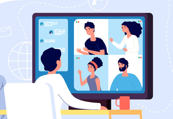 Video conference landing. People on computer screen taking with colleague. Videoconferencing and online meeting workspace vector page - Agrandir l'image, fenêtre modale