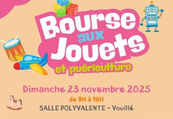 Affiche APEV : bourse aux jouets le 23 novembre 2025 de 9h à 16h, salle polyvalente de Vouillé - Agrandir l'image, fenêtre modale