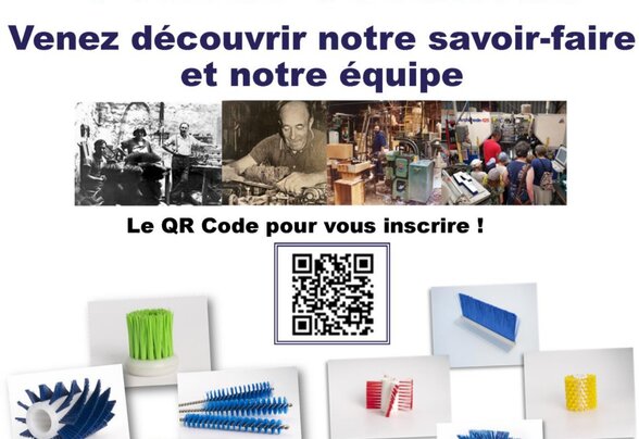 Affiche du 3 au 5 juin 2025 présentant des brosses industrielles variées et un QR code pour s'inscrire aux visites - Agrandir l'image, fenêtre modale