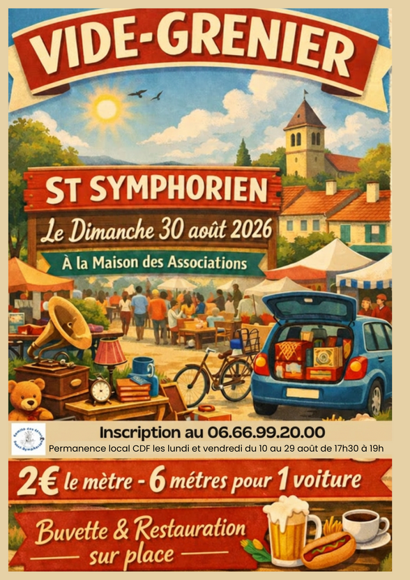 Affiche du Vide-Grenier de St Symphorien, dimanche 30 août 2026 à la Maison des Associations