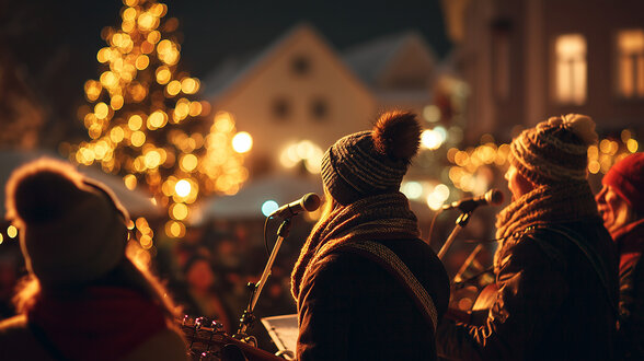 Musiciens jouant en extérieur la nuit devant un sapin illuminé et une foule sous des lumières festives - Agrandir l'image, fenêtre modale
