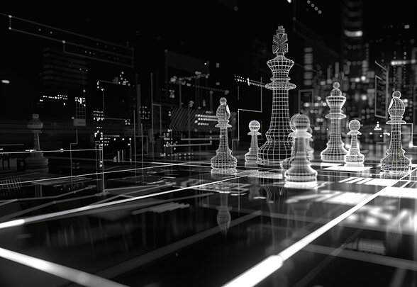 Pièces d'échecs en modélisation 3D filaire sur un échiquier lumineux, avec une métropole numérique en arrière-plan - Agrandir l'image, fenêtre modale