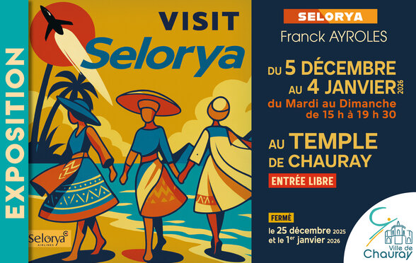 Affiche Visit Selorya, Temple de Chauray, du 5 décembre au 4 janvier 2026, entrée libre, mar.–dim. 15h–19h30 - Agrandir l'image, fenêtre modale