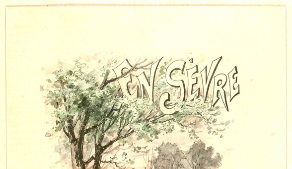 Dessin aquarellé original portant le titre « En Sèvre » en lettres calligraphiées dans un sous-bois - Agrandir l'image, fenêtre modale