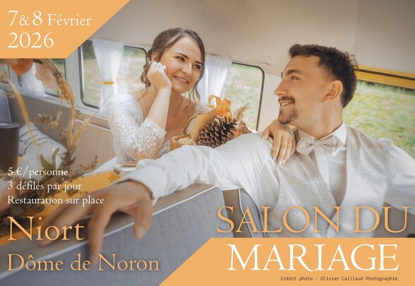 7 et 8 février 2026 au Dôme de Noron — affiche avec couple en tenue nuptiale dans un van vintage - Agrandir l'image, fenêtre modale