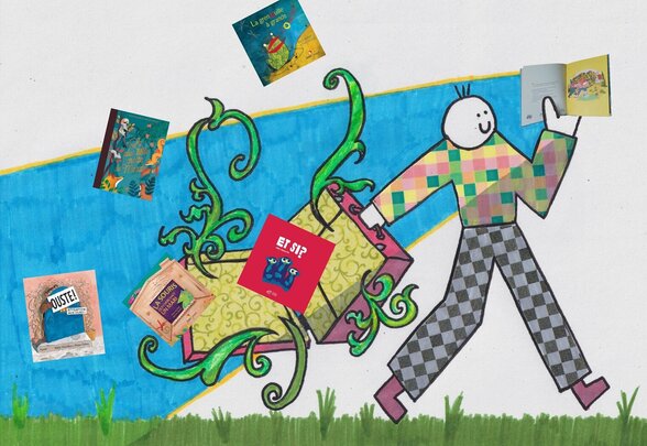 Personnage dessiné portant une valise décorée d'où s'échappent des albums jeunesse colorés - Agrandir l'image, fenêtre modale