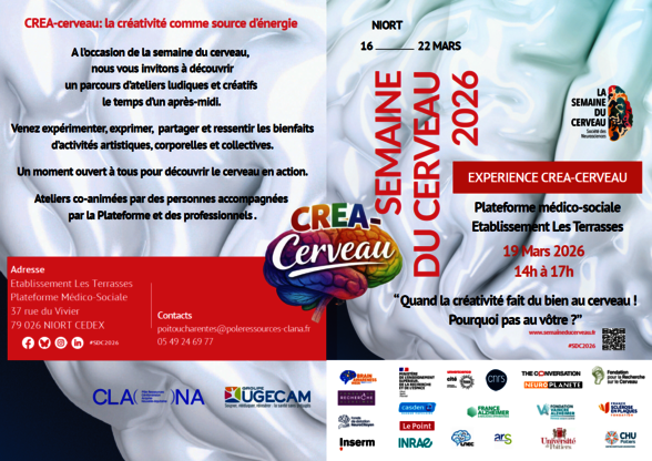 Affiche CREA-Cerveau – Semaine du Cerveau 2026, ateliers le 19 mars à Niort, Établissement Les Terrasses, 14h–17h - Agrandir l'image, fenêtre modale