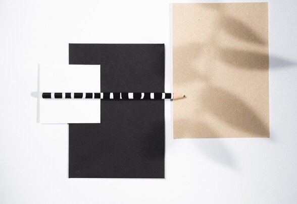 Composition de papiers noirs et blancs, crayon rayé et ombre de feuillage projetée sur fond beige - Agrandir l'image, fenêtre modale