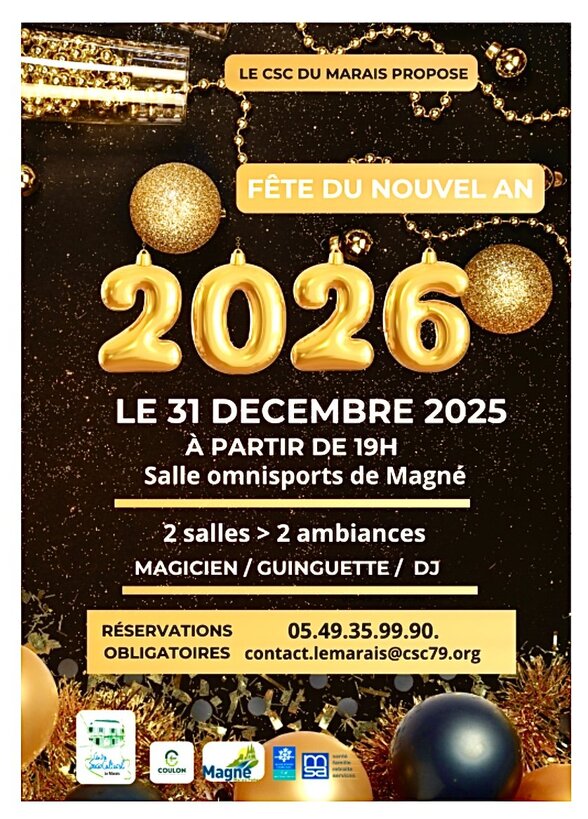 Affiche Fête du Nouvel An 2026 organisée par le CSC du Marais – réservations : 05.49.35.99.90 ou contact.lemarais@csc79.org - Agrandir l'image, fenêtre modale