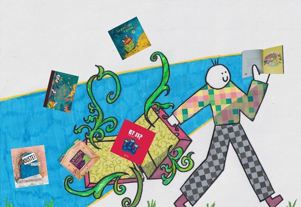 Illustration d'un personnage coloré tenant des livres, entouré d'une valise et d'albums jeunesse pour La valise à histoires