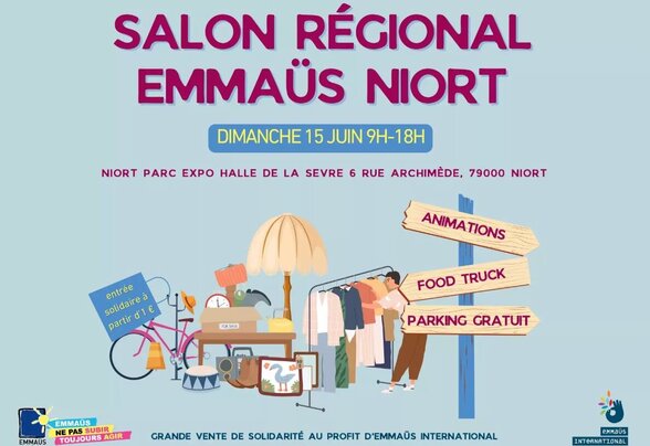 Affiche : dimanche 15 juin 9h-18h, Parc Expo Halle de la Sèvre à Niort, entrée solidaire à partir d'1 €, animations et food truck - Agrandir l'image, fenêtre modale