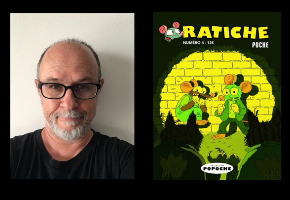 Guillaume Guerse, auteur de BD animalière, aux côtés de la couverture de son album Ratiche Poche n°4 - Agrandir l'image, fenêtre modale