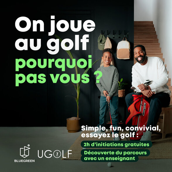 Affiche Bluegreen UGOLF – Initiations gratuites au golf : un enfant et un adulte souriants avec des clubs de golf