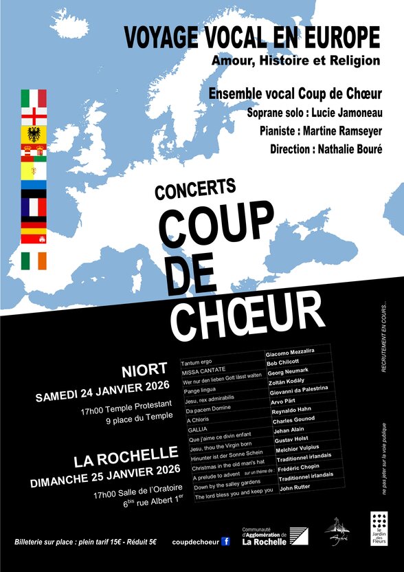 Affiche du concert Coup de Chœur : Niort le 24 janvier 2026 au Temple Protestant, La Rochelle le 25 janvier 2026 à la Salle de l'Oratoire. - Agrandir l'image, fenêtre modale