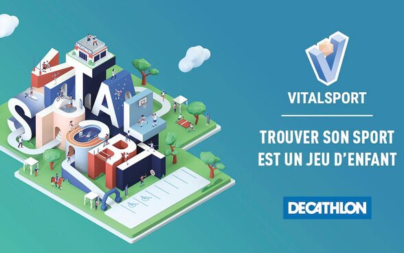 Affiche VitalSport Decathlon avec le slogan « Trouver son sport est un jeu d'enfant » et une illustration de quinze disciplines sportives - Agrandir l'image, fenêtre modale