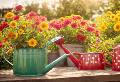 Arrosoirs turquoise et rouges à pois blancs posés parmi des tournesols et fleurs colorées dans un jardin ensoleillé
