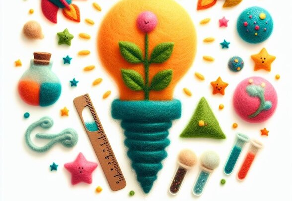 Composition ludique en feutrine : ampoule avec plante, fusées, étoiles, tubes à essai et règle symbolisant curiosité et découverte - Agrandir l'image, fenêtre modale