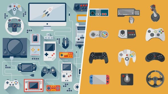 Manettes et consoles vintage en mosaïque colorée : Game Boy, PSP, NES, N64, Nintendo Switch et joystick rétro - Agrandir l'image, fenêtre modale