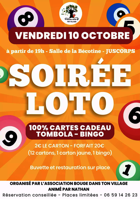 Affiche du vendredi 10 octobre : tombola, bingo, lots 100 % cartes cadeau — cartons à 2 €, forfait 20 € pour 12 cartons - Agrandir l'image, fenêtre modale
