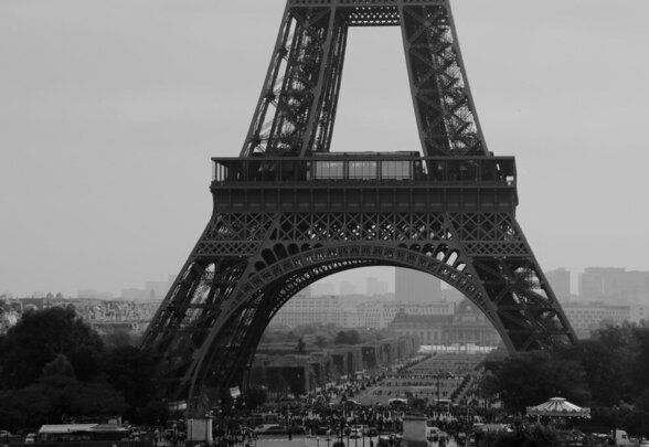 Vue en noir et blanc de la Tour Eiffel depuis le Champ-de-Mars, avec Paris en arrière-plan - Agrandir l'image, fenêtre modale