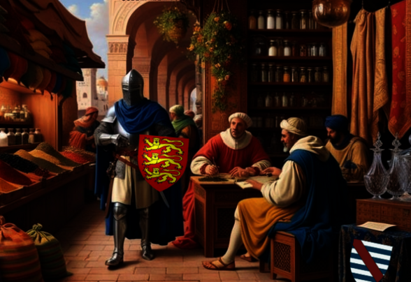 Chevalier en armure arborant un écu héraldique dans un marché d'épices médiéval entouré de marchands - Agrandir l'image, fenêtre modale