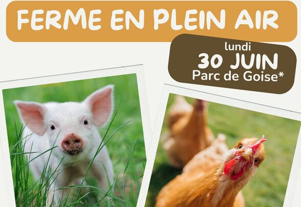 Affiche : 30 juin au Parc de Goise, 16h30-18h30, gratuit. Animaux présents : porcelet, poule et deux chevreaux. - Agrandir l'image, fenêtre modale