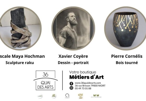 Affiche de l'exposition collective au 36 Quai des Arts à Niort, janvier-mars : sculpture raku, portrait au crayon et vase en bois tourné - Agrandir l'image, fenêtre modale