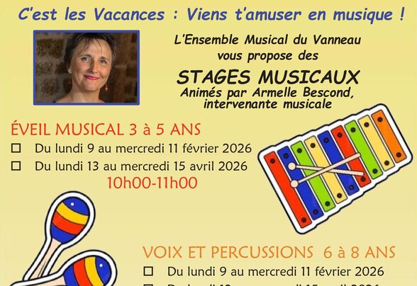 Stages organisés par l'Ensemble Musical du Vanneau avec Armelle Bescond – tarifs 40€ et 35€, inscription via formulaire ou Hello Asso - Agrandir l'image, fenêtre modale
