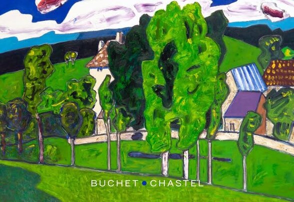Couverture du roman, éditions Buchet Chastel, illustrée d'une peinture naïve de fermes et d'arbres dans un paysage verdoyant - Agrandir l'image, fenêtre modale