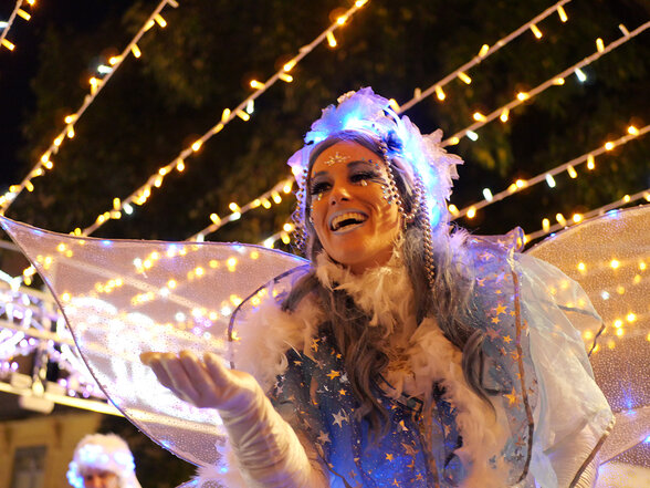 Artiste costumée en fée, ailes translucides et coiffe lumineuse, souriant au public lors de la déambulation nocturne sous les guirlandes - Agrandir l'image, fenêtre modale