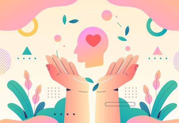 Mains ouvertes soutenant une silhouette de tête avec un cœur, entourée de feuilles et formes géométriques colorées - Agrandir l'image, fenêtre modale