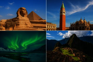 Montage de quatre destinations mondiales : Sphinx de Gizeh, Venise, aurores boréales et Machu Picchu - Agrandir l'image, fenêtre modale