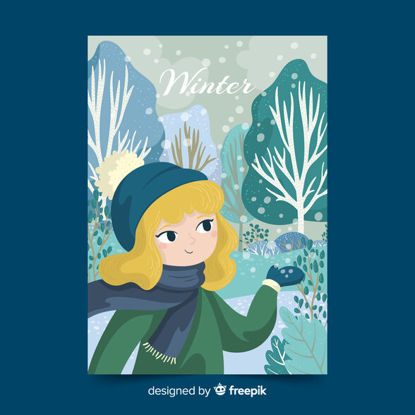 Fillette blonde en bonnet et manteau d'hiver tenant un objet dans un parc enneigé aux tons bleus - Agrandir l'image, fenêtre modale