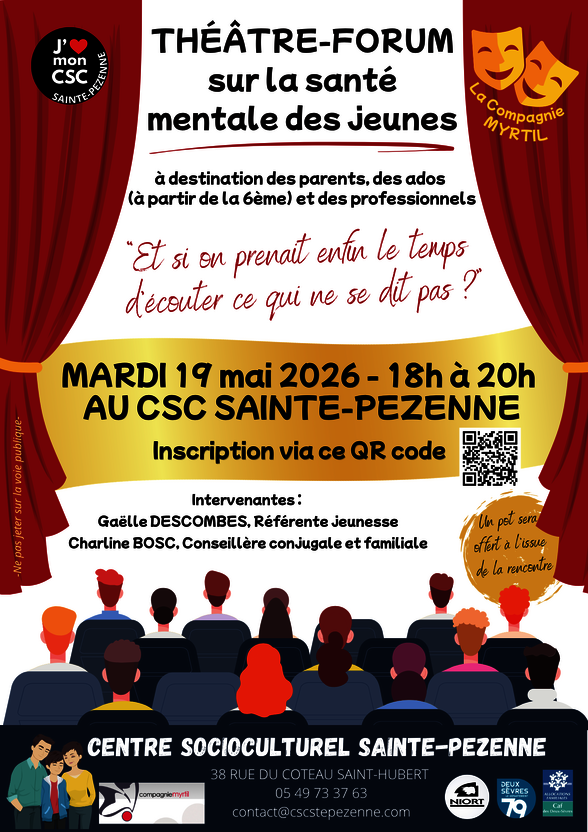 Affiche du théâtre-forum avec intervenantes : Gaëlle Descombes, Référente Jeunesse, et Charline Bosc, Conseillère conjugale et familiale - Agrandir l'image, fenêtre modale
