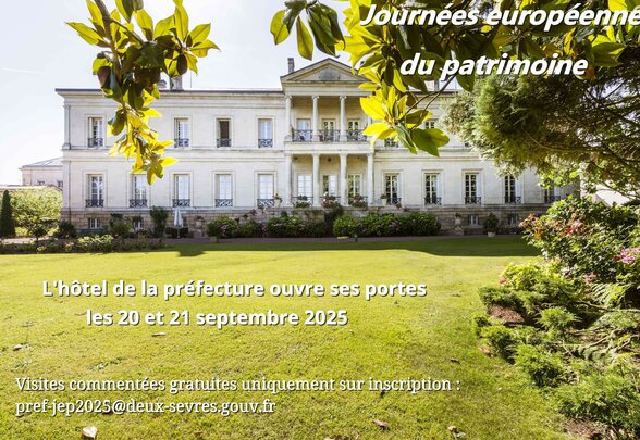 Façade et parc de l'Hôtel de la préfecture des Deux-Sèvres, affiche des Journées européennes du patrimoine 2025 - Agrandir l'image, fenêtre modale