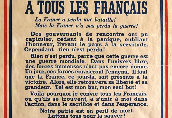 Appel du 18 juin 1940 signé du Général de Gaulle : « À tous les Français — Vive la France ! » - Agrandir l'image, fenêtre modale