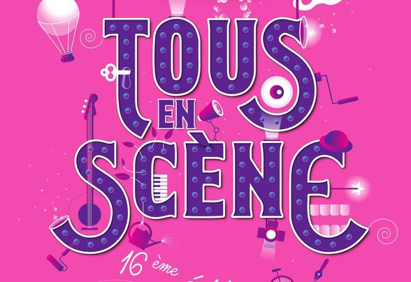 Affiche de la 16e édition du festival de théâtre Tous En Scène en Val d'Egray, fond rose fuchsia festif - Agrandir l'image, fenêtre modale