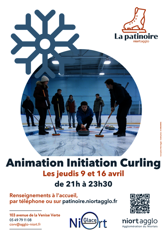 Affiche d'initiation au curling à La Patinoire Niort Agglo, les jeudis 9 et 16 avril de 21h à 23h30 - Agrandir l'image, fenêtre modale