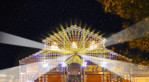 Les Halles de Niort illuminées en or avec faisceaux rayonnants depuis la charpente métallique, ciel nocturne étoilé - Agrandir l'image, fenêtre modale