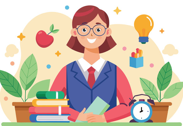 Médiatrice scientifique souriante à son bureau, entourée de livres, d'une ampoule lumineuse et de fournitures pédagogiques - Agrandir l'image, fenêtre modale
