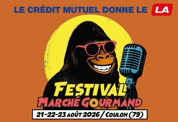 Affiche du festival avec gorille mascotte à lunettes et micro, programmation sur 3 jours, 21-22-23 août 2026 à Coulon (79) - Agrandir l'image, fenêtre modale