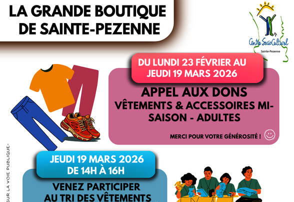 Affiche La Grande Boutique : tri le 19 mars 14h-16h, distribution gratuite le 26 mars 14h-17h – 05 49 73 37 63 - Agrandir l'image, fenêtre modale