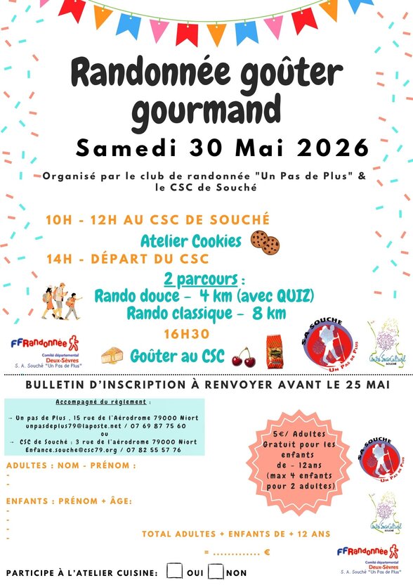 Affiche programme : atelier cookies 10h-12h, départ randonnée 14h, goûter 16h30 — bulletin d'inscription avant le 25 mai - Agrandir l'image, fenêtre modale