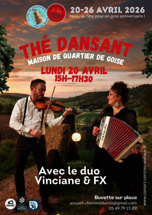 Le duo en extérieur devant un tracteur, jouant du violon et de l'accordéon dans un cadre champêtre festif - Agrandir l'image, fenêtre modale