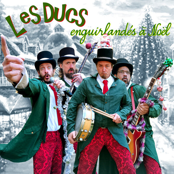 Quatre musiciens en costumes festifs vert et rouge avec hauts-de-forme, posant avec guitare, banjo et baguettes - Agrandir l'image, fenêtre modale