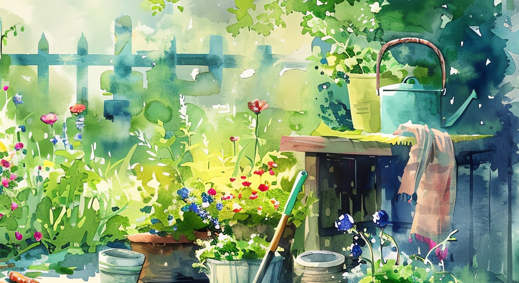 Jardin fleuri ensoleillé avec arrosoir, seaux et outils à main disposés sur un sol pavé, entouré de verdure