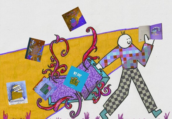 Personnage illustré bondissant entouré de livres jeunesse colorés qui virevoltent, atmosphère festive et imaginaire - Agrandir l'image, fenêtre modale