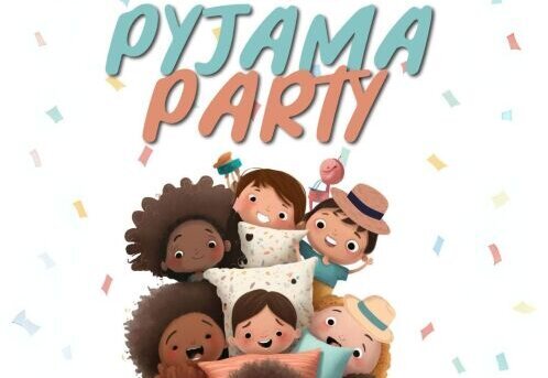 Affiche officielle : enfants illustrés souriants entourés d'oreillers et de confettis colorés, par Thamani Production - Agrandir l'image, fenêtre modale