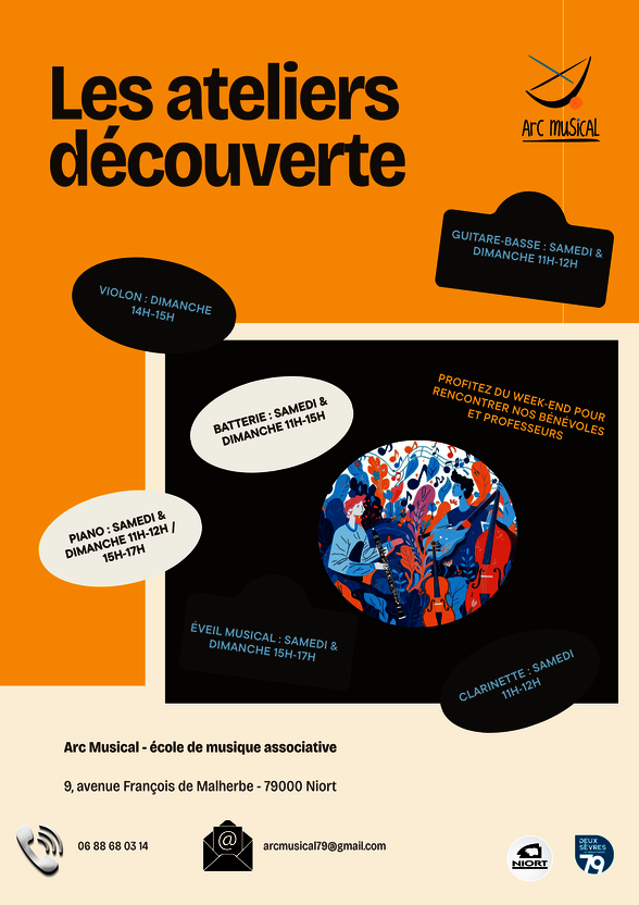 Affiche des ateliers découverte Arc Musical : horaires détaillés par discipline (violon, guitare-basse, batterie, piano, clarinette, éveil musical). - Agrandir l'image, fenêtre modale